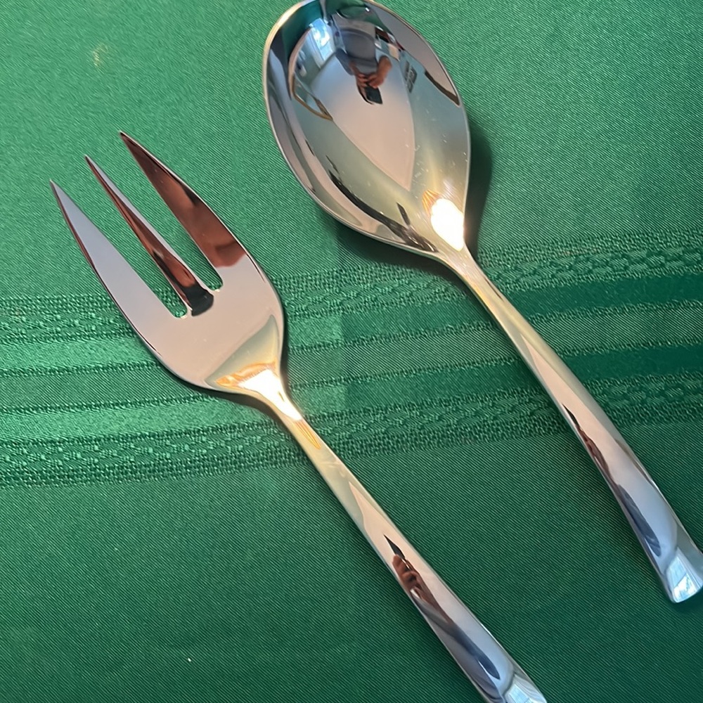 Pottery Barn Arc flatware set; 1 serving fork & 1 spoon; 18/8 stainless steel.